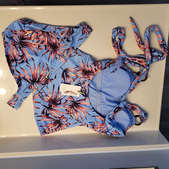 JESSICA SIMPSON  Smocked Tankini Swim Top & Matching Bikini Bottom Botanical XL - Picture 12 of 16